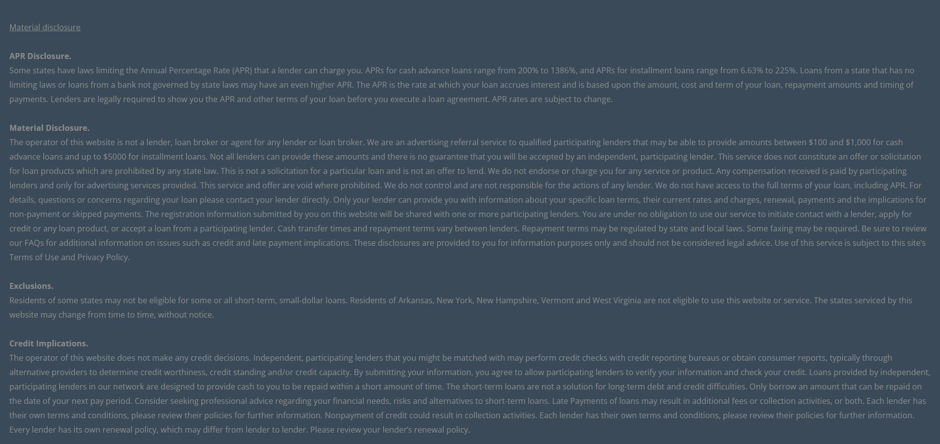 Material disclosure for payday loans in South Bend Indiana